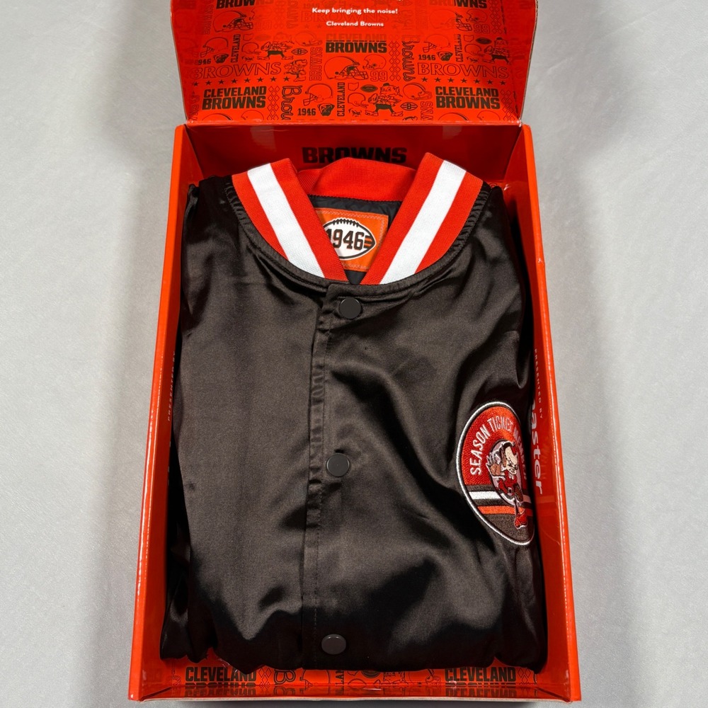 Cleveland Browns Season Ticket Member Satin Varsity Jacket Brown Size L NIB Box